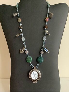 Blue-Green Beaded Locket Necklace with Silver-Tone Pendant